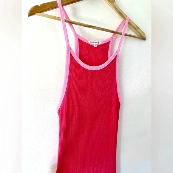Sundry Colorblock Ribbed Mini Dress in Hibiscus & Neon Pink Trim Size Small - Picture 11 of 13